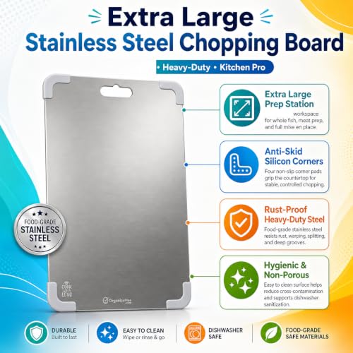Image of Premium Stainless Steel Chopping Board 41.3x25cm Luxury Kitchen Gift, Mirror-Polished Heavy-Gauge Steel Chopping Board with Anti-Slip Silicon Corners for Housewarming and Weddings