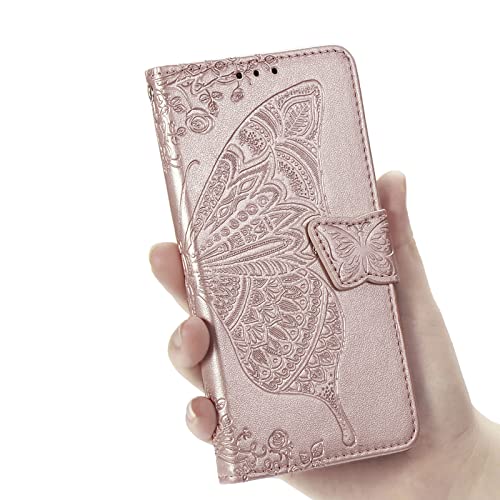 Digplus Galaxy A14 5G Wallet Case, [Butterfly & Flower Embossed] Leather Wallet Case Flip Protective Phone Cover With Card Slots And Kickstand For Samsung Galaxy A14 5G (Rose Gold) #TOP5
