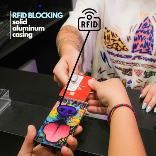 ELBIRD Stylish Ultra Slim Wallet RFID Blocking Premium Aluminum Card Holder w/Trigger to slide up cards - Complete Packaging w/Accessories, Bands to store more, Ideal Gift - Dog4
