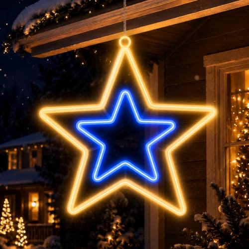 NLIGHTING Stella Luminosa Natale LED 54x54 cm, Doppia Stella da Appendere per Esterno e Interno, 336 LED Luce Calda e Blu, 8 Giochi di Luce con Memory, IP44, Decorazione Natalizia