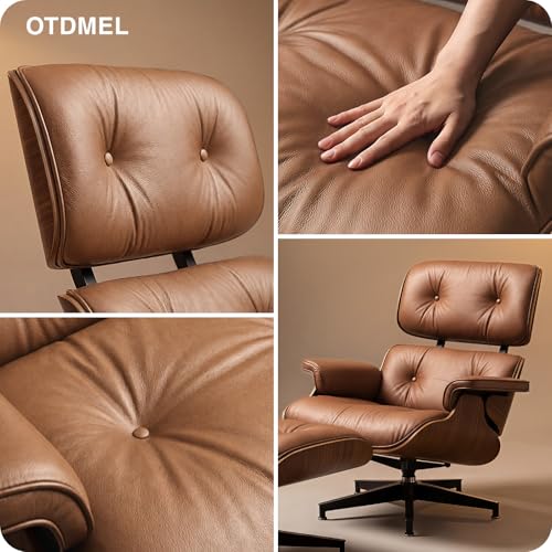 Image of Luxury Top Brown Grain Leather, Mid Century Chaise Lounge Chair and Ottoman, Modern Chair Classic Design, Walnut Wood, Heavy Duty Base Support for Living Room Office