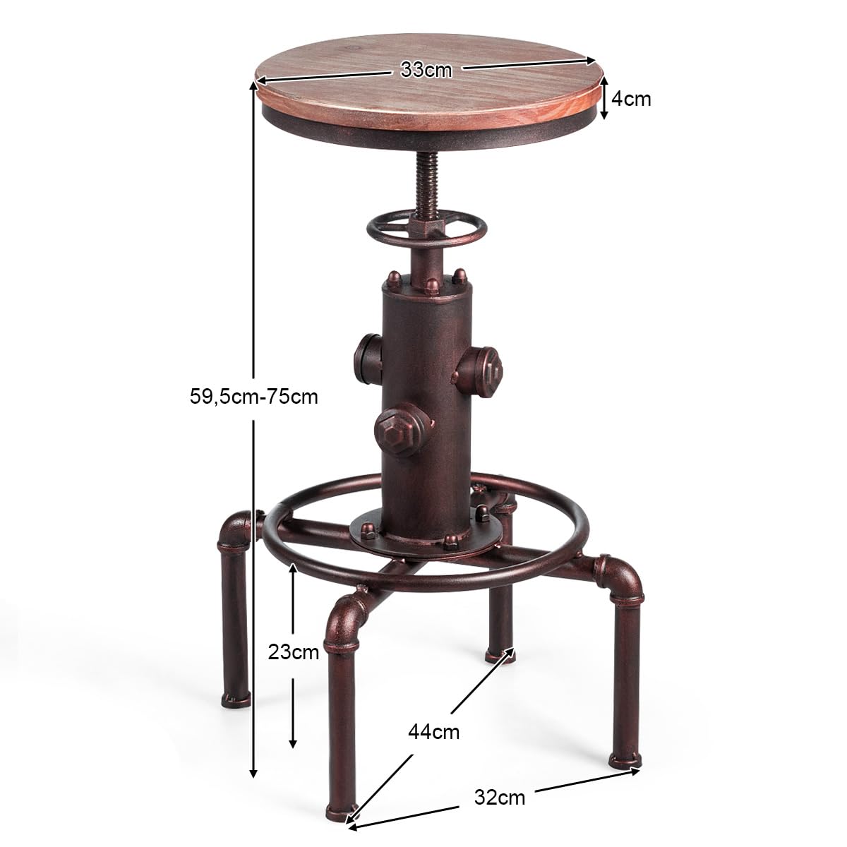LIFEZEAL Tabouret de Bar Industriel Réglable en Hauteur | Chaise Haute Pivotante 360° avec Repose-Pieds, Siège en Pin 33x33CM, Structure en Fer, Charge 150 KG, Bronze