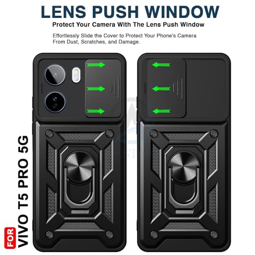 Image of AESTMO Tough Armor Vivo T5 Pro 5G Bumper Back Case Cover | Ring Holder & Sliding Camera Shield Cover | 360 Degree Protection Back Case Cover for Vivo T5 Pro 5G (Black)