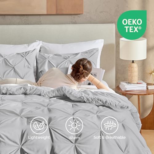 Image of Andency Oversized King Pinch Pleat Comforter Set (120 inchx98 inch),3 Piece Lightweight Pintuck Bedding Comforters & Sets, Fluffy Down Alternative Comforter with 2 Pillow Shams for All Season,Light Gray