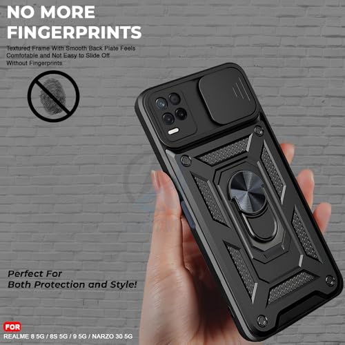 Image of AESTMO Tough Armor Compatible with Realme 9 5G / 8 / 8S / Narzo 30 5G Bumper Back Case Cover | Ring Holder & Sliding Camera Shield Cover | 360 Degree Protection Back Case Cover (Black)