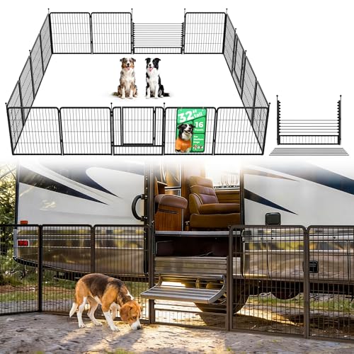 Image of FXW Instant Dog Playpen with RV Step Grid for RV Camping, 32 inch H, 16 Panels | Quick-Setup & Heavy-Duty Play Yard, Helps Close Stair Gaps, Fits 30 inch RV Step Opening, For Small & Medium Dogs, Patented