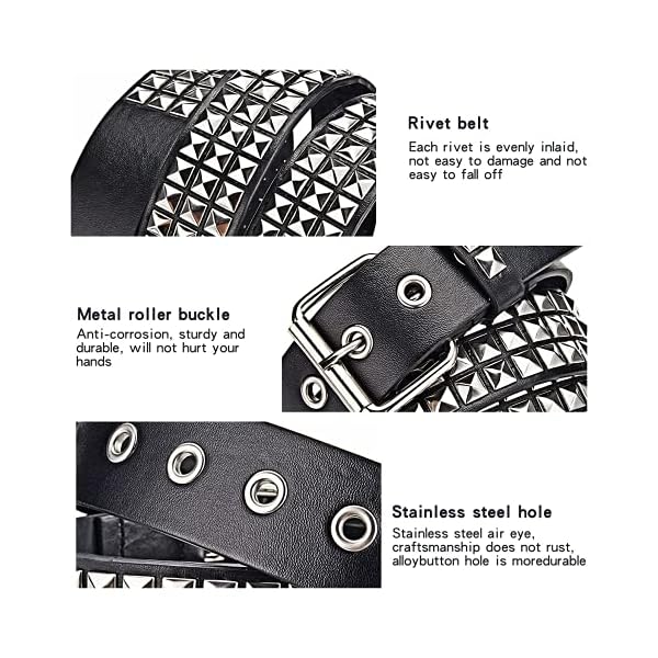 Black Studded Belt Punk Rock Rivet Belt Grommet Threads Belt with Bright Metal Pyramid for Women Men (Black) - Image 6