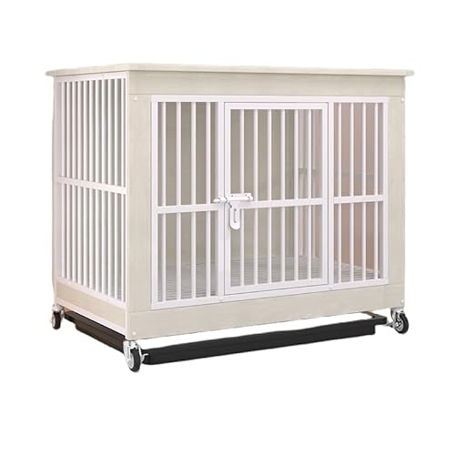 犬小屋、キャスター付き家具風犬小屋、 ペットケージ、大型・中型犬用 木製、屋内犬用サークル、頑丈でスタイリッシュ、トレイ付きスタイリッシュ、サークル スモーキーブラウン (ホワイト,100*67*89.5cm(33kg以内))