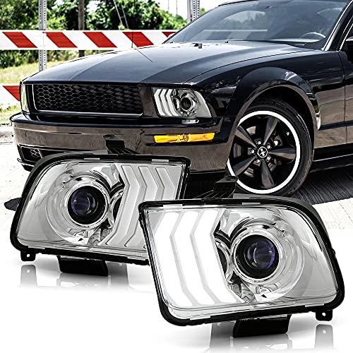 ACANII - For 2005-2009 Ford Mustang Chrome Housing LED Tube Projector Headlights Headlamps Assembly Pair Set Left+Right
