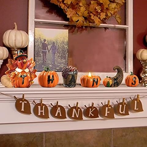 HUANGXIN Set of 6 Thanksgiving Turkey Table Decoration Pumpkin Figurine Sets Carved Thanks Fall Harvest Decor Resin Home Centerpieces for Tabletop Kitchen Office Shelf Party Cover