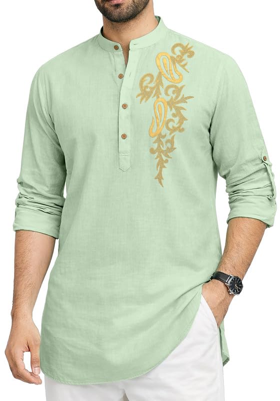 Image of Cotton Blend Self Design Printed Casual Short Kurta for Men Long Sleeve Mandarin Collar Stylish Kurta Shirt for Men