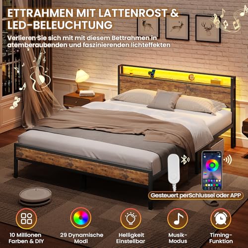 Bett 140x200 mit Steckdose Metallbett 140x200 mit 3 USB-Anschlüssen und LED Beleuchtung Bettgestell aus Metall mit Kopfteil Doppelbett mit Stauraum Jugendbett Bettrahmen mit Lattenrost(140x200cm)