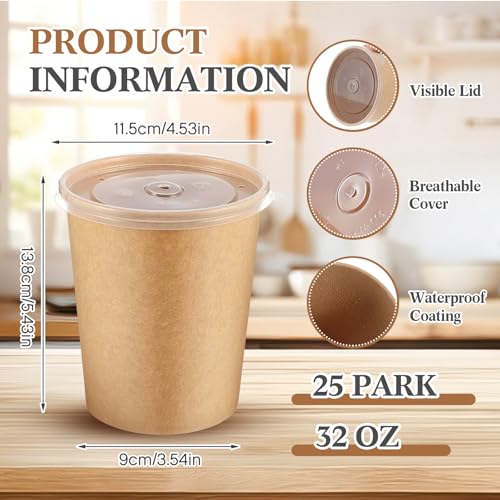 Image of Sabary 25 Pack 32oz Paper Soup Containers with Lids, Disposable to Go Soup Bowls, Ice Cream Cups, Take out Food Storage Containers, Microwavable and Freezer Safe for Ice Cream, Noodles, Snack, Yogurt