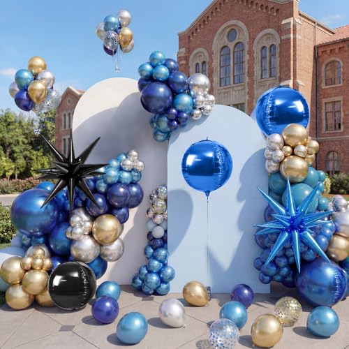 Image of 6pcs 22 inch Black Blue Star Balloons and 4D Large Foil Balloons, Black Foil Star Spike Balloon Blue 4D Ball Balloon For Graduation Father's Day Birthday Baby Shower Party Wedding Decorations