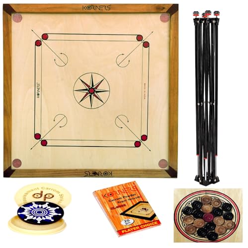 Image of KORNERS Carrom Board with Striker, Coins and Powder, Multicolor| (Natural 32-Inch Classic Board with Stand)