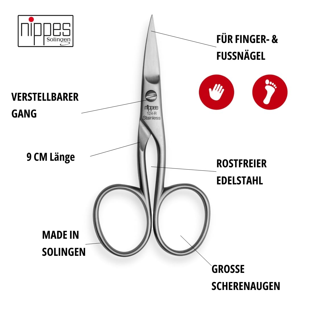 Nippes Solingen Nagelschere für die Maniküre/Pediküre, Edelstahl Rostfrei, 9 cm Länge, Für Finger- und Fußnägel, Nagelschere aus Solingen, Made in Germany 124R