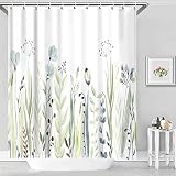 AOKE Floral Shower Curtain 72 x72 Inches, Waterproof Fabric Watercolor Green and Blue Plant Leaves B