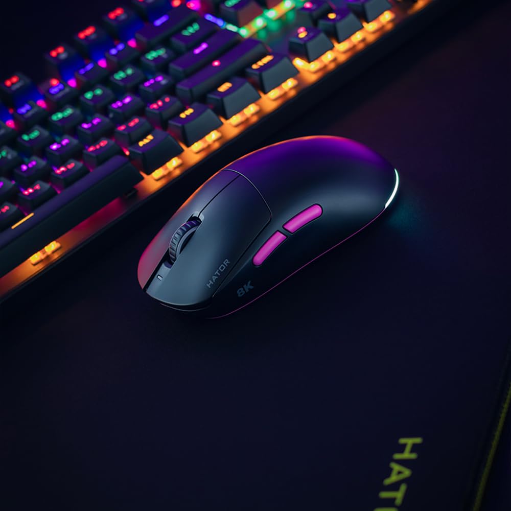 HATOR Quasar 3 Ultra 8K Wireless Ratón Gaming inalámbrico, 65g Ultraligero, PixArt PAW3950, 30000 dpi, Optical Switches 100M, 8000Hz, 2.4GHz/Bluetooth 5.4/USB-C, PTFE Skates, RGB, PC/Mac (Negro)