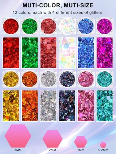 YOOVR Stocking Stuffers for Women Teen Girls Kids, Body Hair Face Glitter, 12 Colors Christmas Mardi Gras Accessories for Women, Face Paint Makeup Set Party Favors Rave Accessories Festival Essentials
