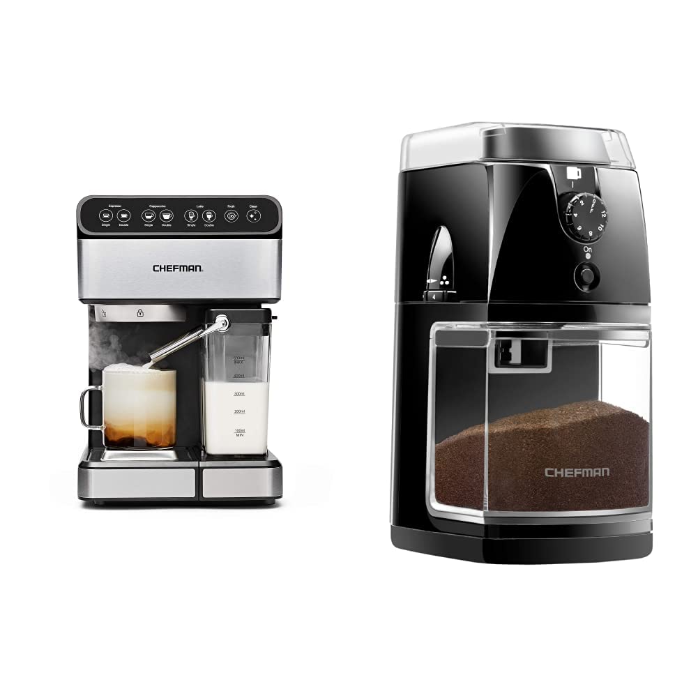 Chefman 6in1 Espresso Machine, Stainless Steel Coffee Grinder