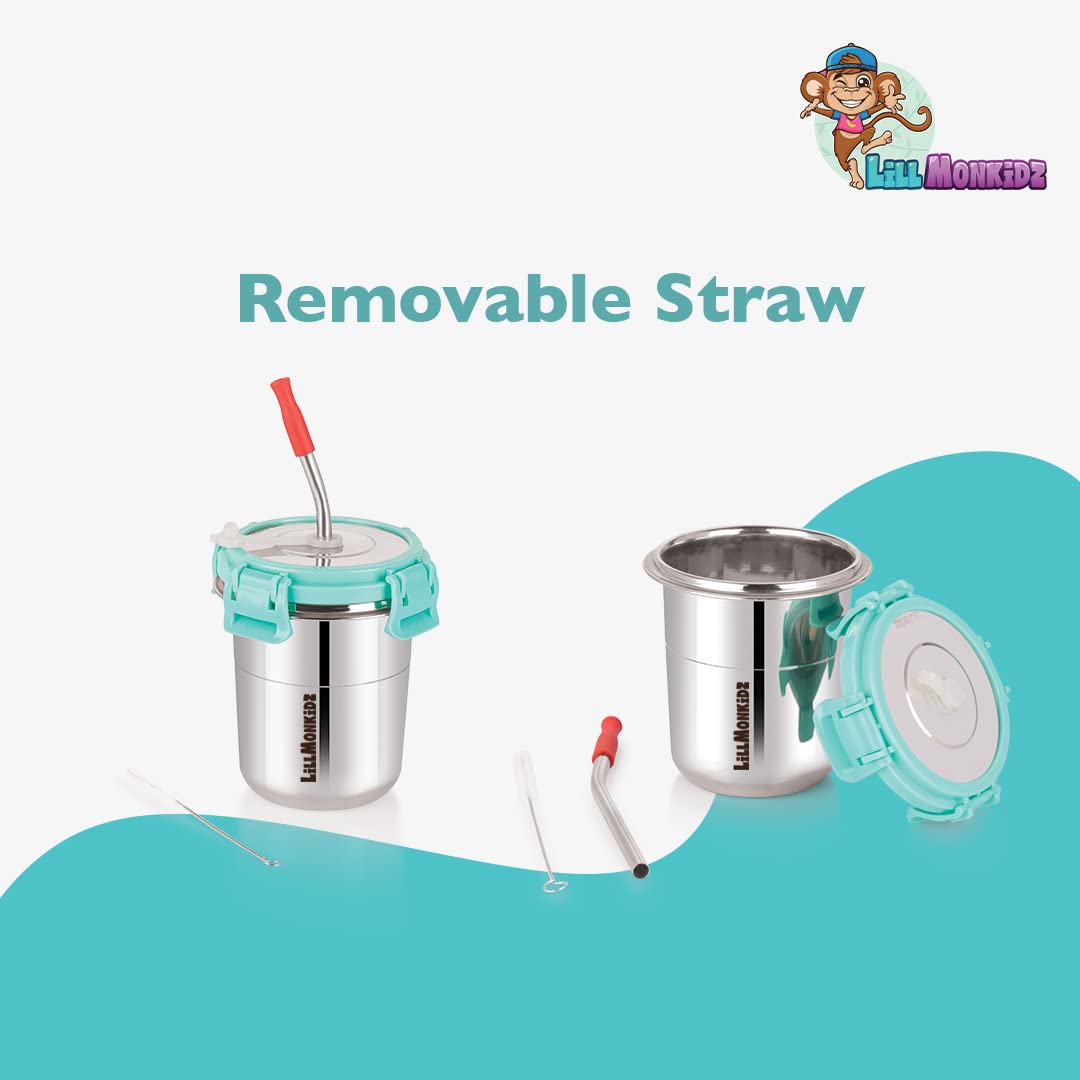 LiLLMONKiDZ Stainless Steel Tumbler for Kids | Tumbler Glass with Straw for Kids | Steel Tumbler with Lid, Straw, Cleaning Brush and Silicon | (Sea Green, 300ml) (Sea Green) - Image 4 thumbnail