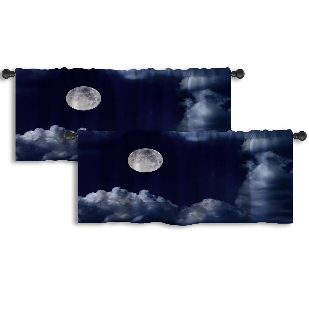 Sky Moon Moon Kitchen Valances for Windows 2 Pack Window Treatments Valances Night SkyMoon and Clouds Bright Cloud Curtains for Kitchen Living Room Bathroom Window, 52x18 Inch