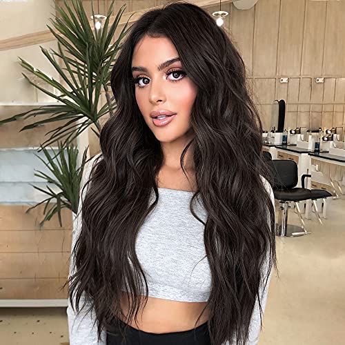 ORSUNCER Long Wavy Dark Brown Wig for Women with Middle Part Dark Roots Wave Wigs Natural Looking Synthetic Hair for Daily Party Use