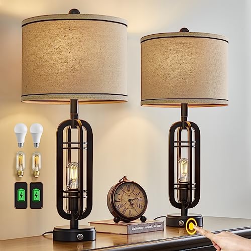 G-Safava 27.25 Inch Industrial Table Lamp Set Of 2 With 2 Usb Ports, 3 Way Dimmable Touch Control Nightstand Lamp，Vintage Modern Farmhouse Desk Lamps For Living Room Bedroom Hotel, 4 Bulbs Included #TOP2
