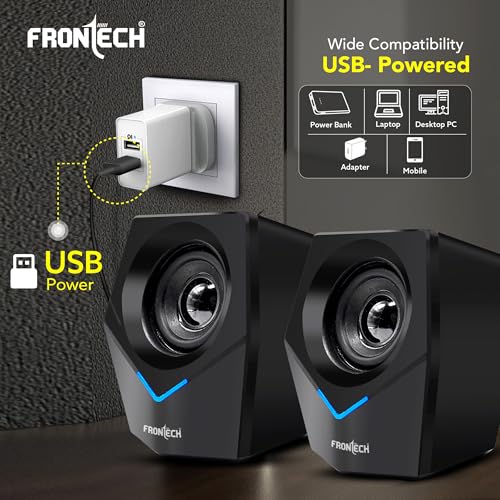 Image of FRONTECH 2.0 Multimedia Speakers: 10W USB-Powered PC /Laptop /Mobile Speakers with 3.5mm AUX & Blue LED Lighting. (SPK-0011)