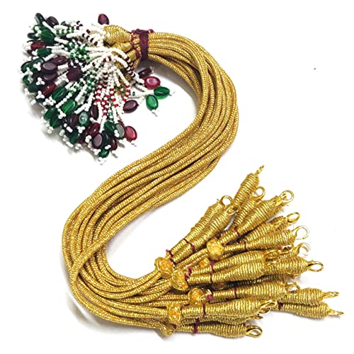 Gold Color 13 inch Zari Thread Braided Zari Silk Dori Necklace Dori with Hook and Pearl Glass Bead Tassel