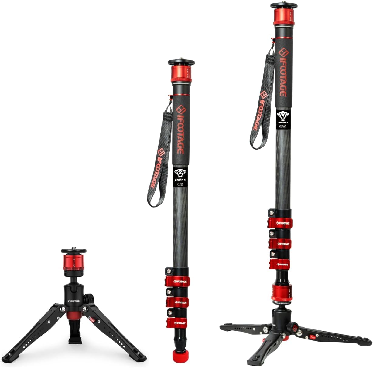 Monopod Cobra 3 C180F, 71" Aluminum Camera Monopod with Feet, Telescopic Video Mono pod Compatible with Sony Canon Nikon DSLR Cameras, Payload 17.6lb