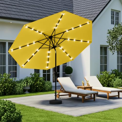 Image of 9' Solar LED Patio Umbrella with Tilt & Crank|8 Sturdy Ribs,UV Protection,Outdoor Market Table Umbrella for Deck,Lawn,Pool,Backyard(Yellow)