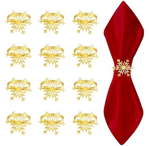 Christmas Napkin Rings 12P Banquet Gold Snowflakes Napkin Holders Napkin Buckle for Xmas Lunch Thanksgiving Holiday Party Table Decor