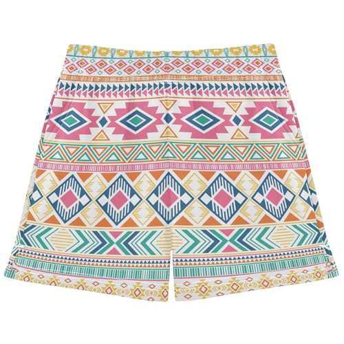pnyoin Girl's Shorts Tribal Color Geometric Boho Style Athletic Running Shorts with Pockets Size 10-11t Multi