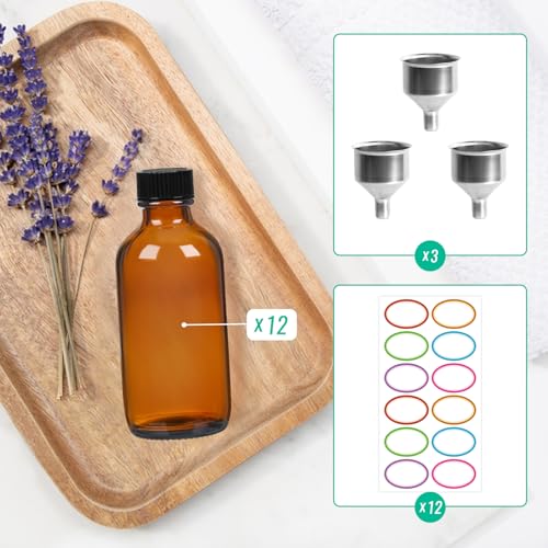 12 Pack 2 oz Amber Glass Bottles with Lids and Funnels,label, 60ml Glass Ginger Shot Bottles with Caps, Leak Proof Mini Travel Bottle for Diy Essential Oils, Perfumes, Whiskey and Juices3