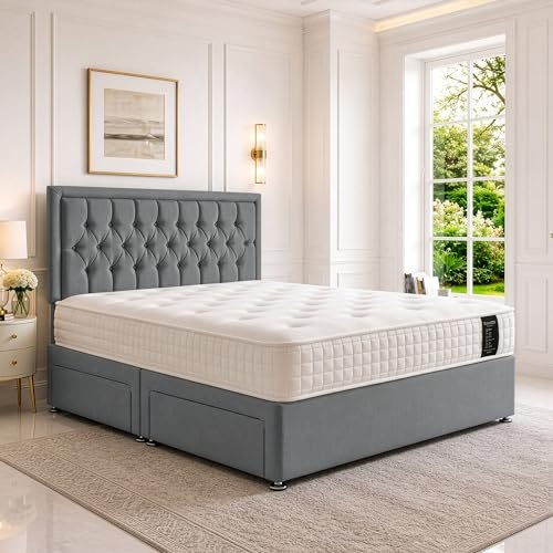 SANA SLEEP Reinforced King Size Bed Set with Pocket Sprung Orthopaedic Mattress 5FT Grey Linen Divan with Anti-Slip Fabrics and Stylish Headboard Quality Craftsmanship Made in the UK