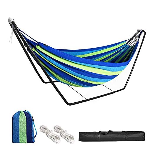 Hamaca con Soporte Metalico Hamaca de Doble Personas Algodón Portátil con Bolsa para Niños Adultos Jardín Exterior Interior Camping Viajes Playa Terraza Patio, hasta 150 kg Azul