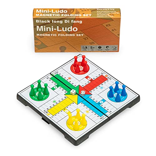 Black long Di fang Ludo Magnetic Folding Pocket-Size Travel Board Game Set - 6.5 Inches,Mini Folding and Light-Portable Classic Strategy Game Set