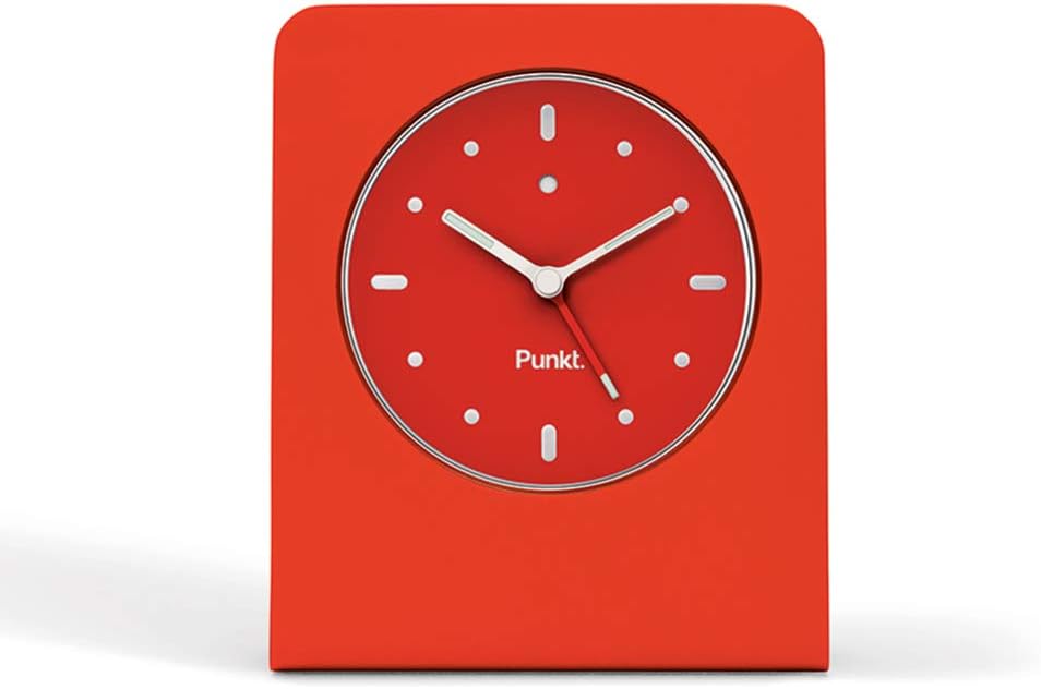 ACo1 Designer Alarm Clock Analogue Small Ohen Ticking with LED Light, Snooze, Battery Operated, Alarm Clock with Snooze Function (Aluminium Block and Glass Front) - Red