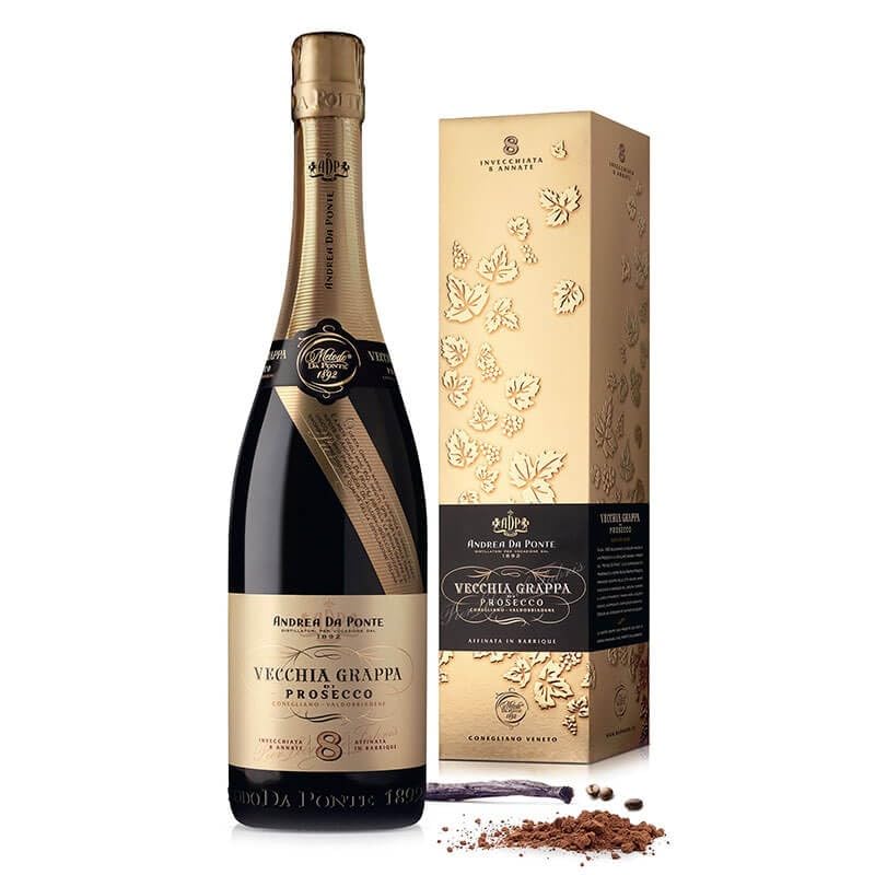 Cofanetto regalo -ANDREA DA PONTE- Vecchia Grappa di Prosecco 8 annate + 2 cognachini serigrafati