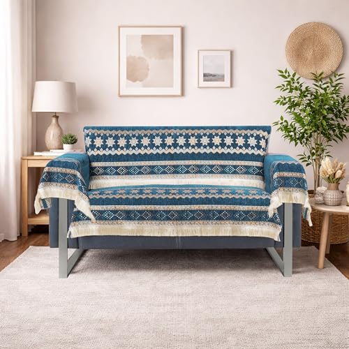 Image of Elegant Woven Turquoise Sofa Cover Soft Chenille Traditional Pattern with Lace Style | L-Shape Sectional Seat Protector for Living Room | Durable & Stylish Slipcover 2 Seater with Arms