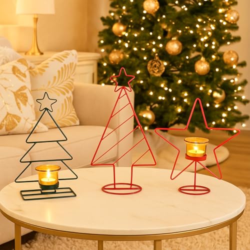 Image of MARKET 99 X-Mas T-Lite Holder Set of 3 Assorted with 2 Glass Votives - Multi-Color Metal Xmas & Christmas Tree and Star Design Glossy Candle Holders for Home & Festival Decor