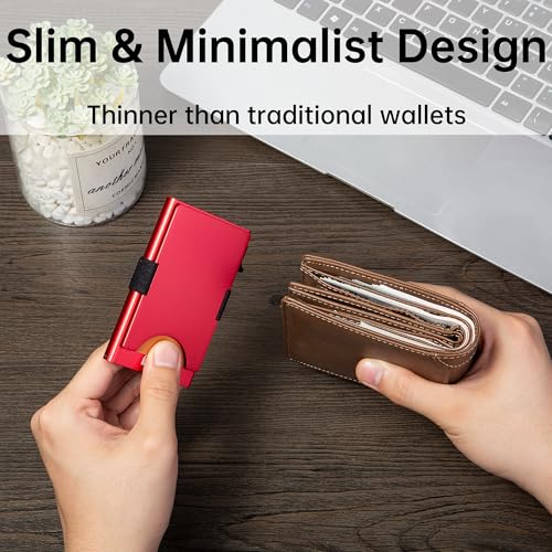 Image of Slim Card Holder Wallet for Men, Minimalist RFID Blocking Pop Up Wallet, Smart Metal Business Card Case Holds 12 Cards, Ultra-Thin Front Pocket Wallet, Gifts for Men