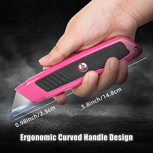 Image of DIYSELF 2 Pack Box Cutter Retractable Heavy Duty Utility Knife, Ergonomic Razor Knife for Warehouse, Office, Exacto Knives Box Opener for Package, Cardboard (Pink)