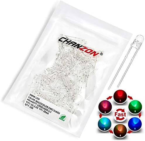 CHANZON 100 pcs 3mm RGB Multicolor Fast Blinking (Multi Color Changing) Dynamics LED Diode Lights (Flashing Round DC) Bright Lighting Bulb Lamps Electronics Components Flicker Light Emitting Diodes