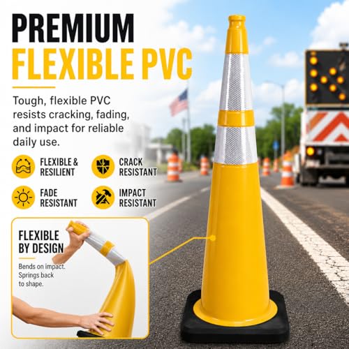 Image of BESEA 8 Pack 36 Inch Yellow Traffic Cones with Wide Weighted Base