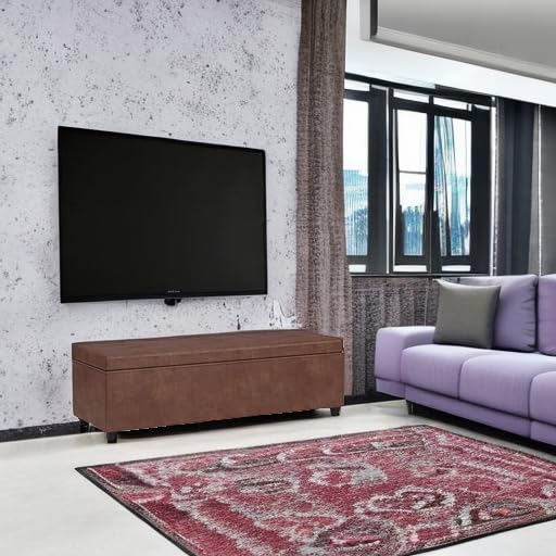 Image of SIMPLIHOME Avalon 54 inch Wide Vegan Leather Storage Ottoman in Brown