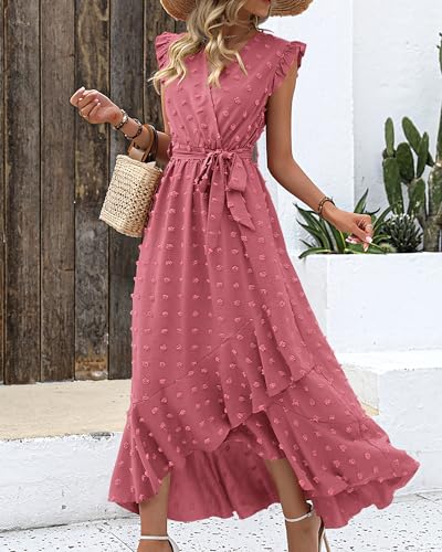 BTFBM Women V Neck Summer Dress 2025 Cap Sleeve Swiss Dot Boho Flowy Ruffle Slit Beach Party Long Maxi Cocktail Dresses - Image 6