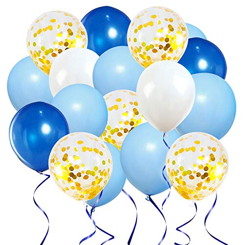 Ballon Bleu et Blanc,Ballon de Decoration Anniversaire, 50 Pièces Ballon Bleu Or Blanc, 12 Pouces Ballons Confettis Or pour Bébé Fête Bapteme Décoration de Fête Anniversaire