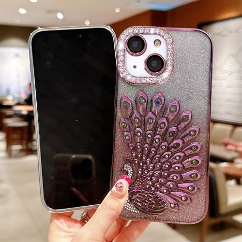 Image of mobistyle Case for iPhone 15 Plus,3D Diamond Luxury Electroplate Glitter Peacock Tail Bling Design Camera Protection Shockproof Phone Case for (Pink, iPhone 15 Plus)